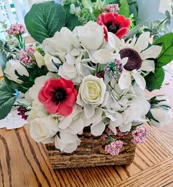 Stunning Fabric Flowers Arrangement In a Real Tree Bark Container 