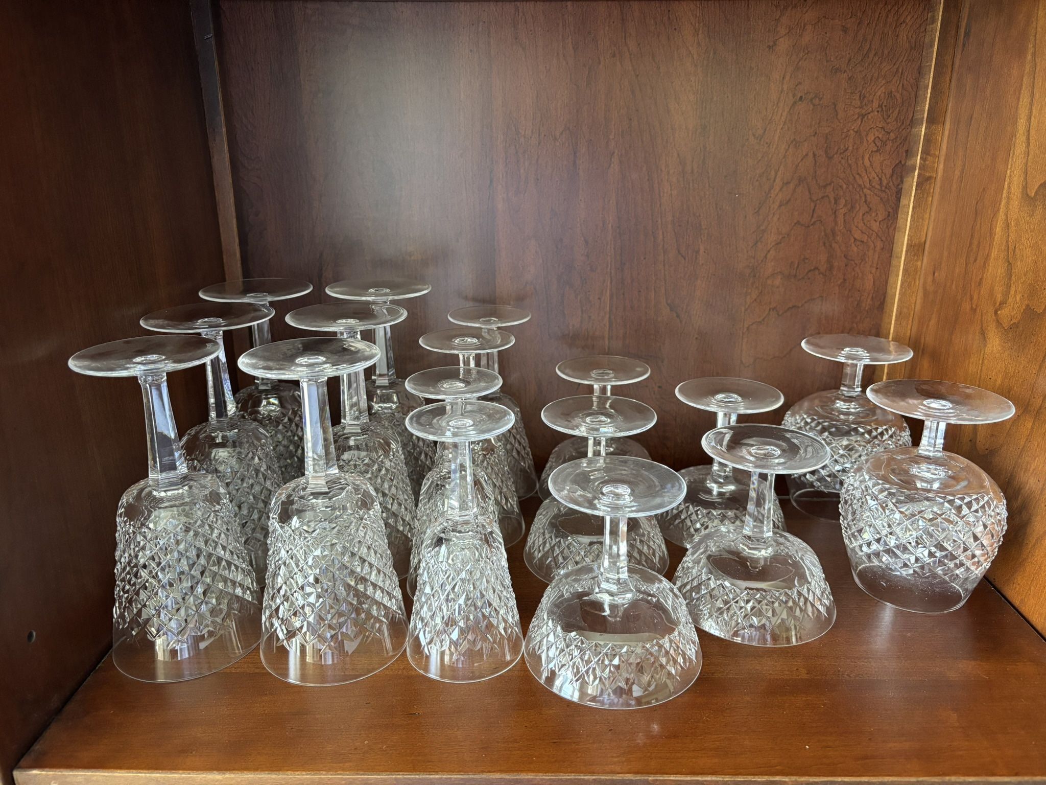 Vintage Fine Waterford Elegant Crystal Stemware Glasses, set of 17 pieces. Alana Water Goblet 7” 6 each, Alana Wine Goblet 5 7/8” 4 each, Alana Champ