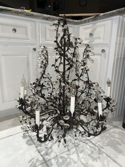 Large Italian Crystal and Metal Tole Ten-Light Vine Chandelier