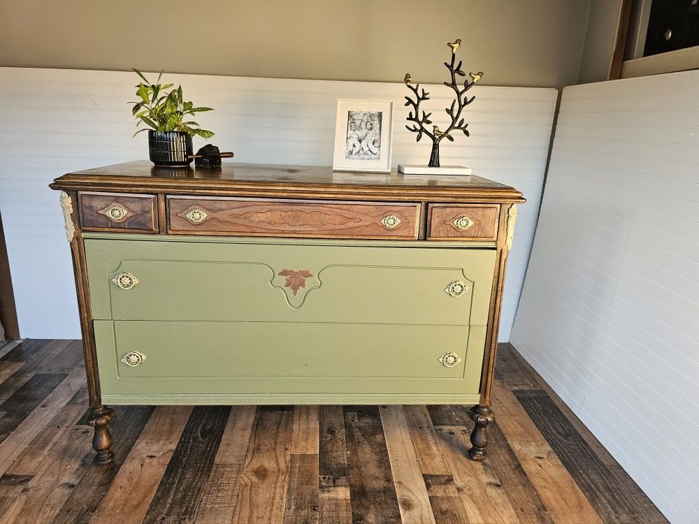 Vintage Buffet Solid Wood Refinished With New Paint Natural White Semi Gloss & Dark Walnut Stain