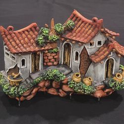 Unique & Gorgeous! Terracotta 3D House 4 Hook Key Ring Holder Vtg Size11"X8" 