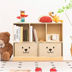 Kids Wooden Bookcase with Bear Storage Drawers