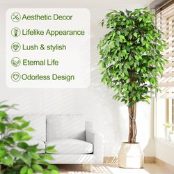 7ft Large Ficus Artificial Trees with Natural Curved Trunks, 84" Tall Lush Faux Tree for Home Decor Indoor, Green Lifelike Fake Ficus Tree Artificial 