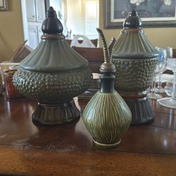 Mid Century Pedestal Pottery Canisters Decor