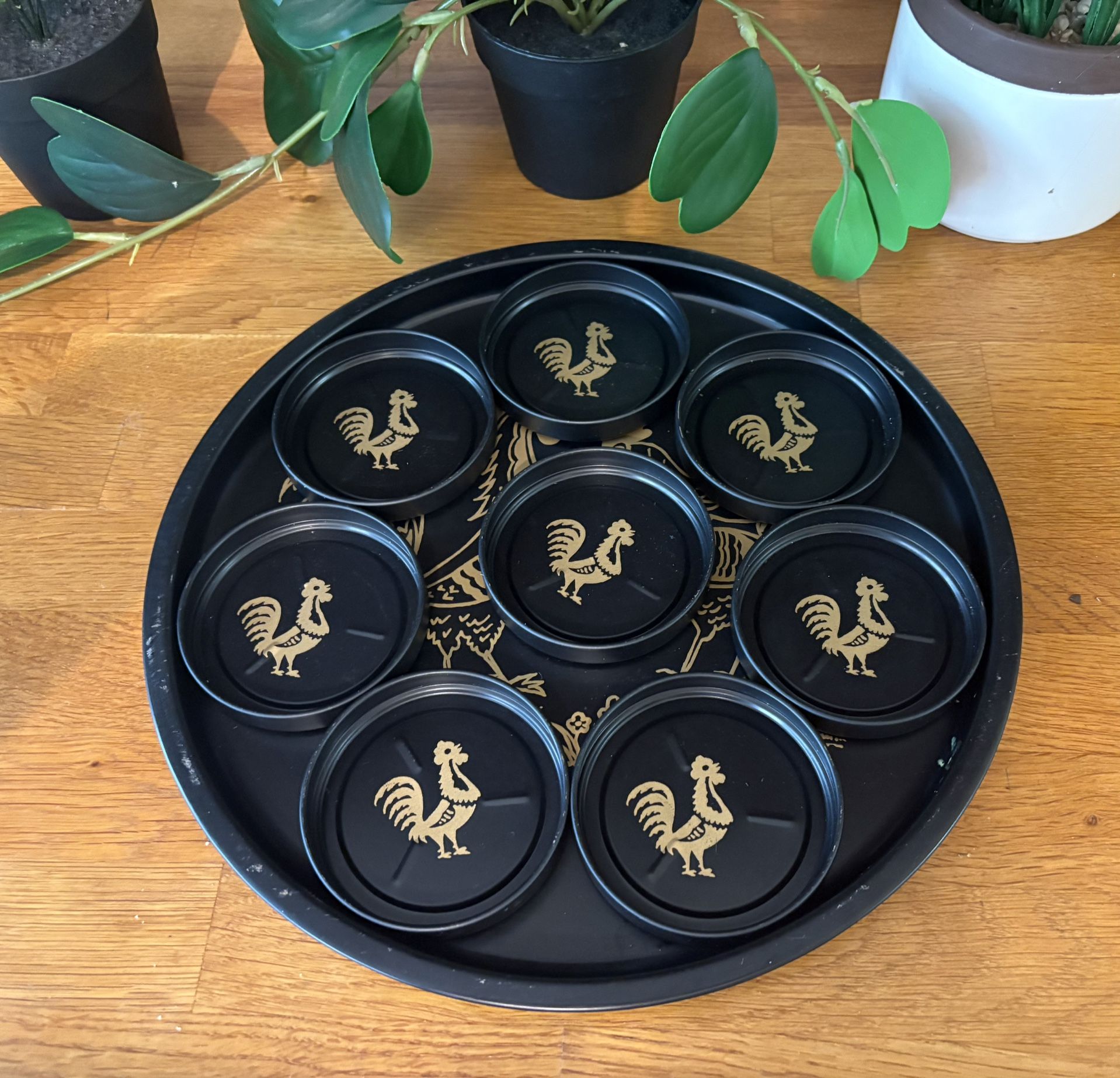 Vintage MCM (1950’s) Metal Rooster Serving Tray with Eight Matching Coasters