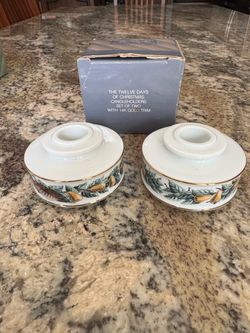 Pair vintage Avon china taper candle holders Pears & Partridges gold trim