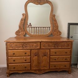 Vintage Wooden Dresser With Mirror 