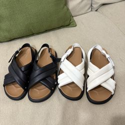 Flat Sandals for Women Leather Footbed Sandals for Women Comfort Slip on Crisscross Strappy Slides Wide Width Band Buckle Summer Beach Slides
