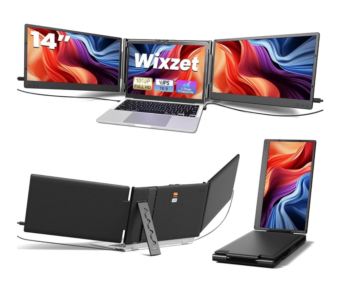 Laptop Screen Extender, 14" FHD 1080P Portable Monitor for Laptop, Plug&Play Triple Screen Extender, Auto Adjust Width Dual Monitor for 13" - 17" Lapt