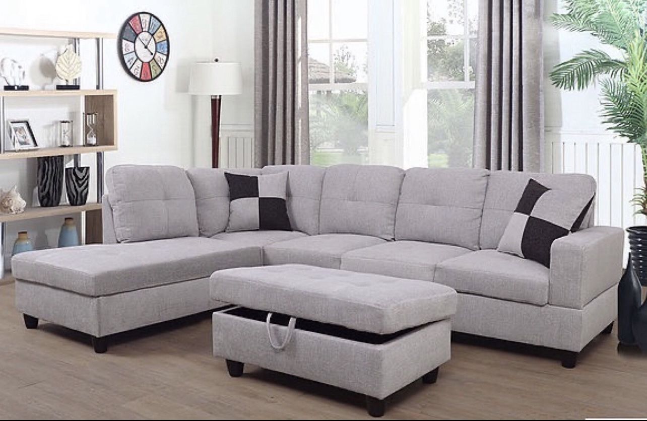 New Gray White Flannelette Sectional Sofa W/ Free Ottoman And Pillows New In Original Boxes
