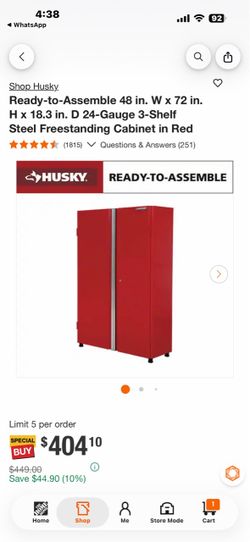 Husky Ready-to-Assemble 48 in. W x 72 in. H x 18.3 in. D 24-Gauge 3-Shelf Steel Freestanding Cabinet in Red Questions & Answers (251)