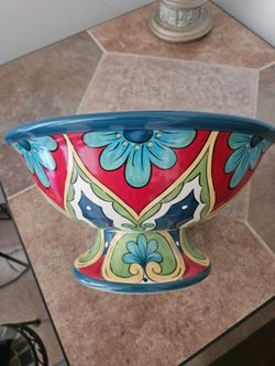 "Corsica Home" Colorful Ceramic Decorative Pedestal Bowl; 11" Around X 6 1/2" Tall; (Discontinued Pattern)