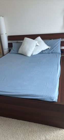 Ikea HOPEN - Queen Dark Wood Platform Bed Frame + Linenspa 5” Firm Mattress