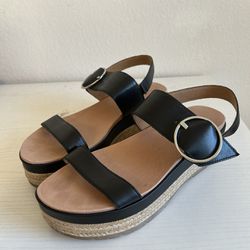 UGG Black Strappy Leather Espadrille Platform Sandals
