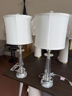 Pair of Crystal Table Lamps with White Shades