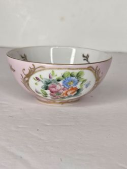 Vintage Hand Painted Pink Porcelain Tea Bowl Floral Gold Gilt Trim Victorian