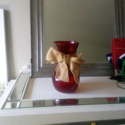 Red  Vase With Burlap Bow