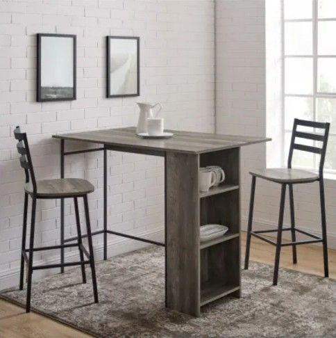 3 Piece Drop Leaf Counter Table Dining Set with Storage, 48", Grey Wash(New In A Box)
