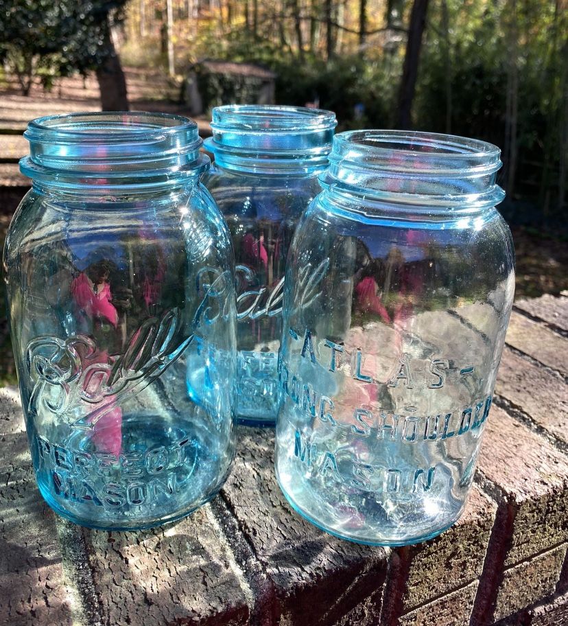 3 quart size antique mason jars