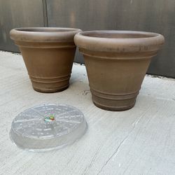 2 Planters 16” W X 14” H With Drain Inserts & Drip Tray