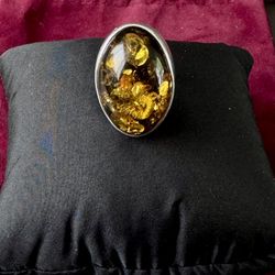 Ring Large Silver 925 Amber Size 6