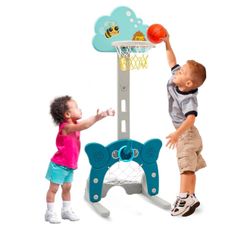 4-in-1 Toddler Basketball Hoop, Adjustable Height Kids Basketball Hoop with Soccer Goal Ring Toss Golf Play Set, Basketball Hoop for Kids Indoor Outdo