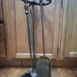 Fireplace poker, broom, shovel and holder antique brass (heavy)
