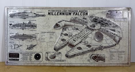J(contact info removed) Disney Star Wars Millennium Falcon 3D Metal Sign Wall Decor 21” X 10”!