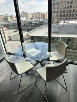Glass Dining Room Table & Leather Chairs