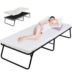 Folding Bed,Rollaway Bed with Mattress for Adults,Portable Bed,Metal Frame with Memory Foam Mattress,No Assembly Required,(75" x 31"x14")
