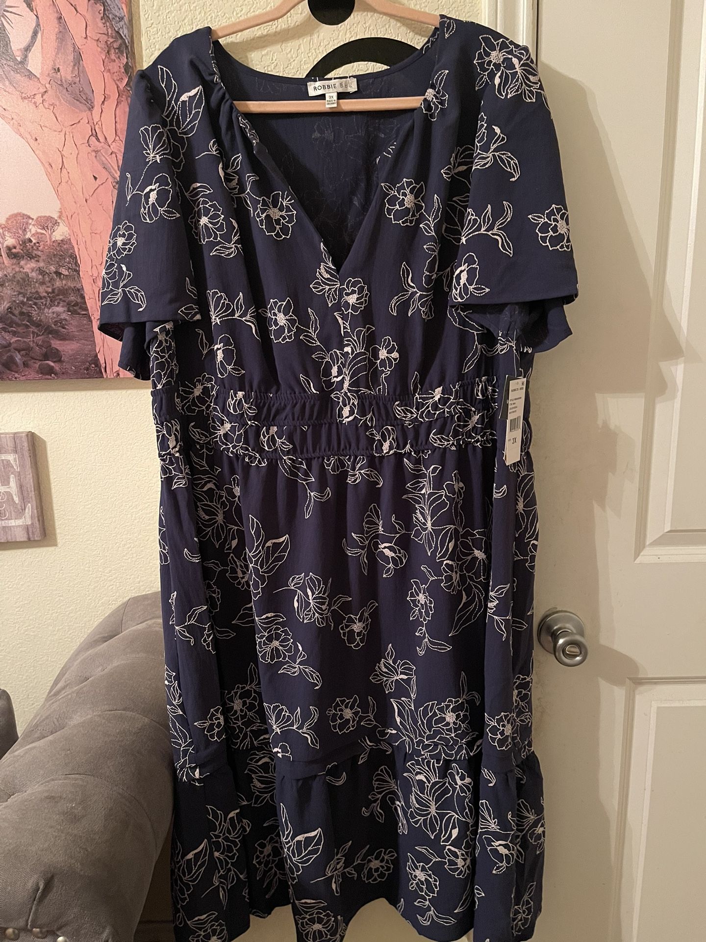 Plus Size Womens navy blue & white floral midi dress size 3X NEW 