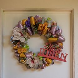 Handmade floral wreath with He Is Risen Sign