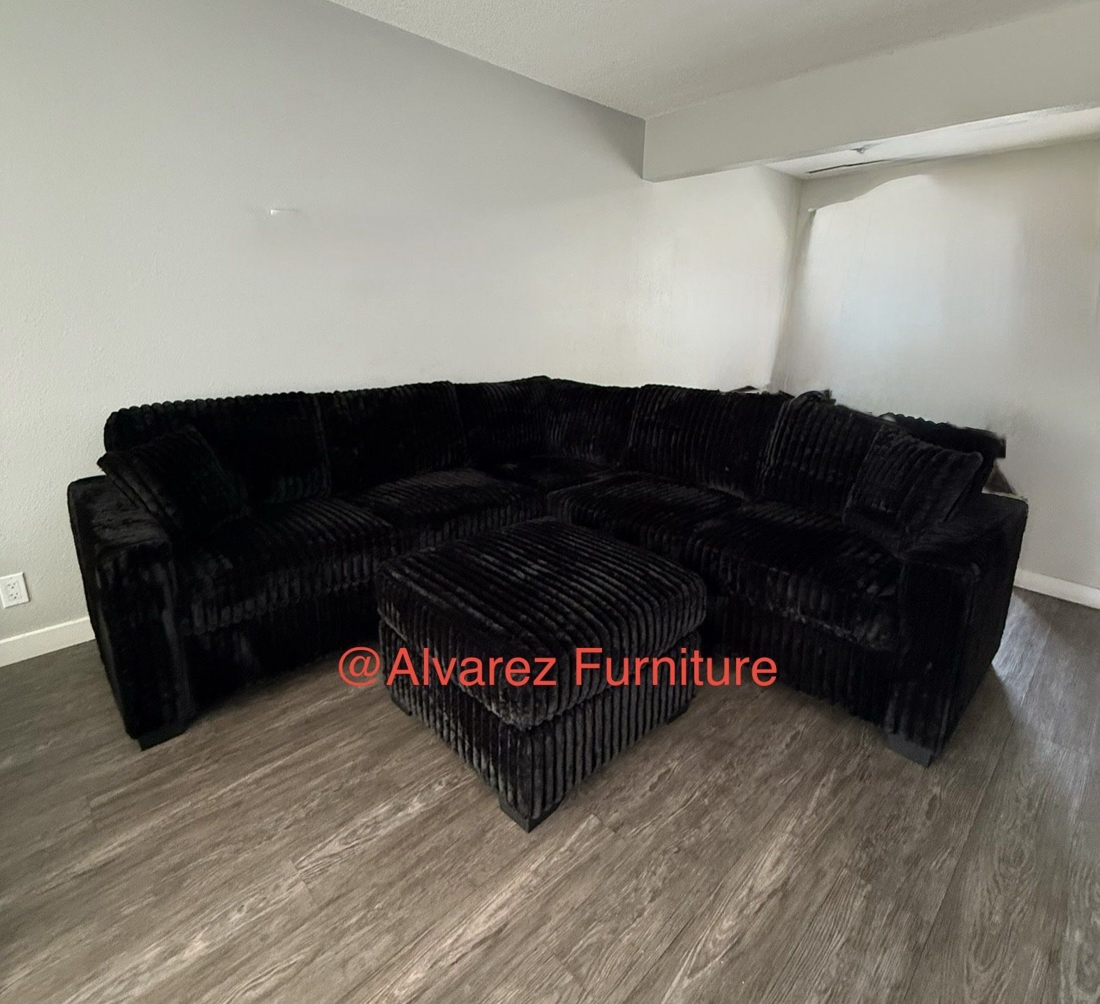 Black Corduroy Sectional Sofa With Ottoman