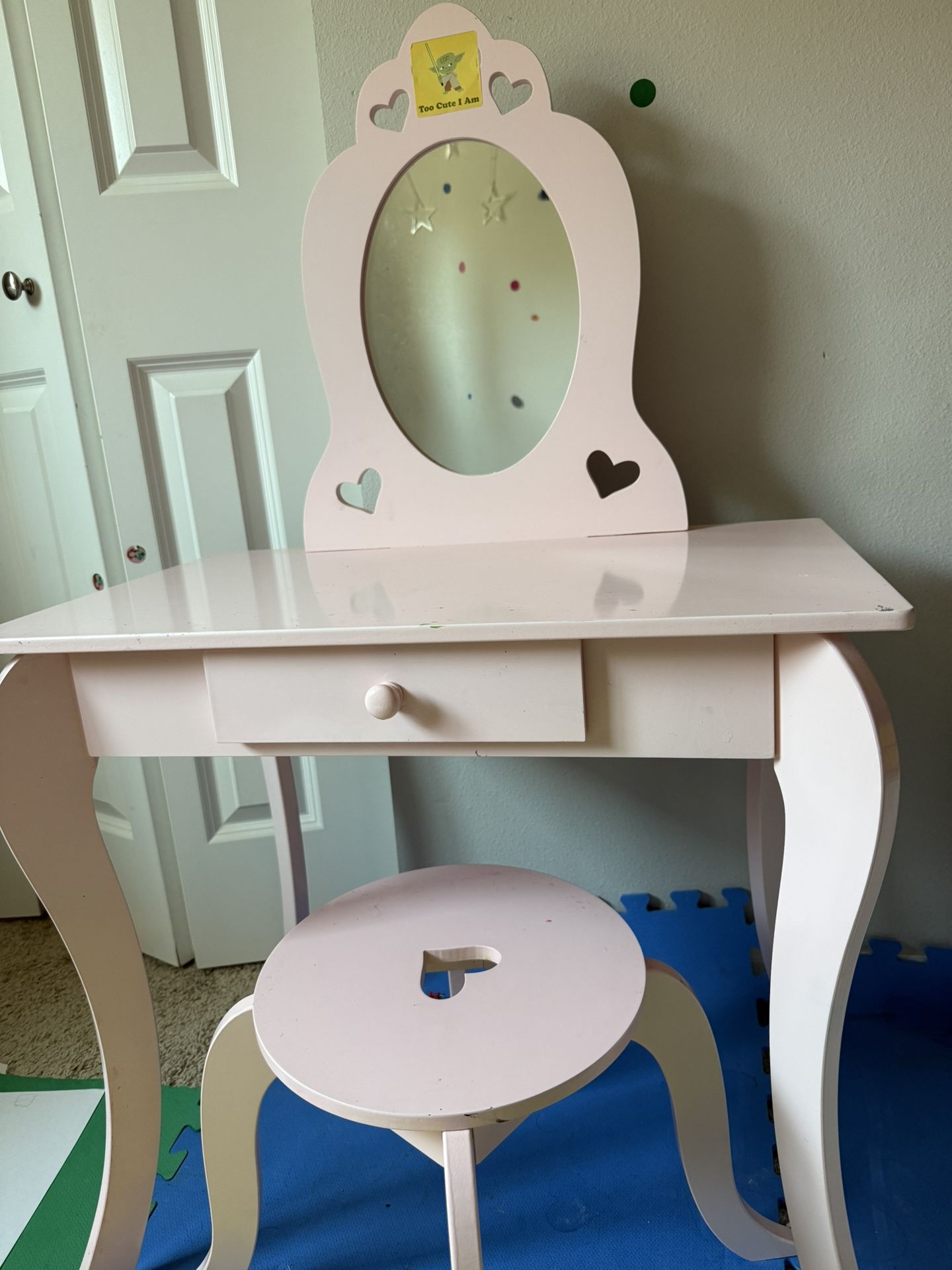 HONEY JOY Kids Vanity Set with Mirror, Toddler Wooden Vanity Table with Stool & Drawer, Removable Top, Princess Pretend Play Beauty Makeup Dressing Ta