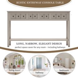 Rustic Entryway Console Table with Ample Storage, 60 Long Sofa Table in Gray Wash - Two Different Size Drawers and Bottom Shelf for Organizing Essenti