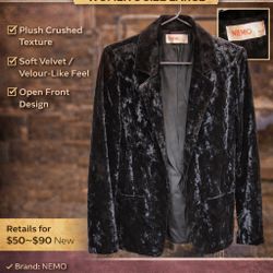 NEMO Black Velvet-Feel Open Front Jacket – Women’s Size Large 