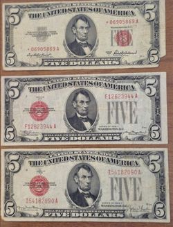 Lot of 3 $5 Red Seal Notes