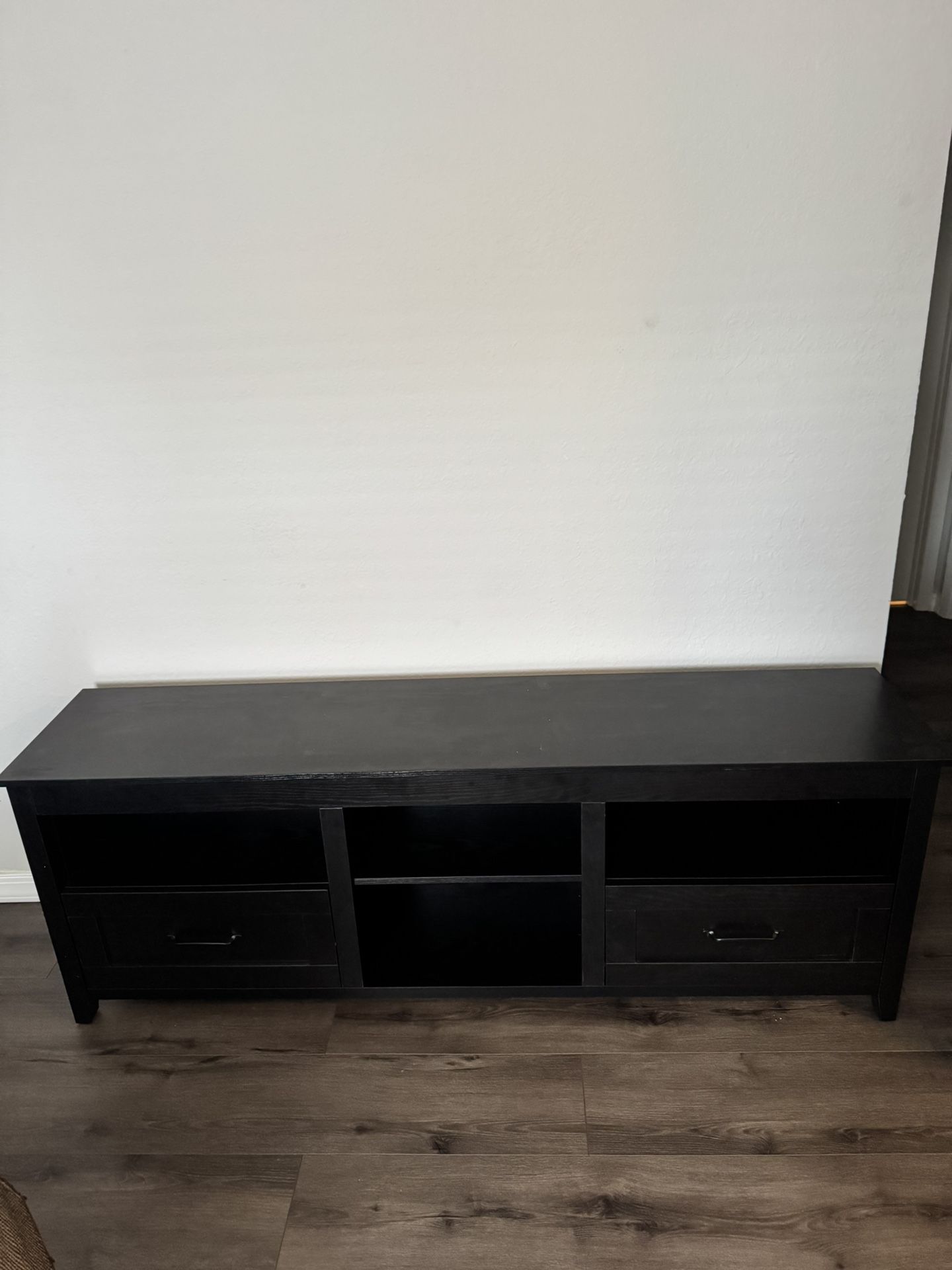 Vibe & Dine TV Stand for Up to 80 inch TV, Modern Entertainment Center Game Media TV Console with 2 Drawers and 4 Open Shelves, Black Wood 