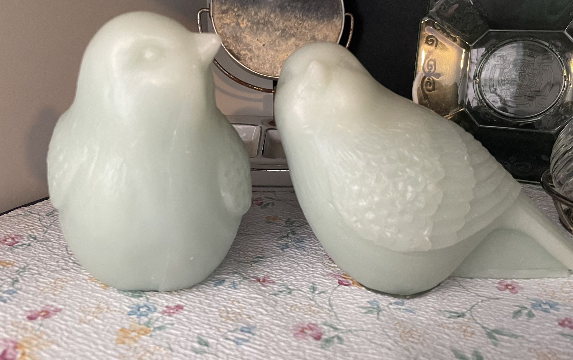 Two Small Pale Green Bird Candles