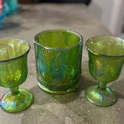 Indian green carnival glass, 2 harvest grape goblet and candy dish in new condition