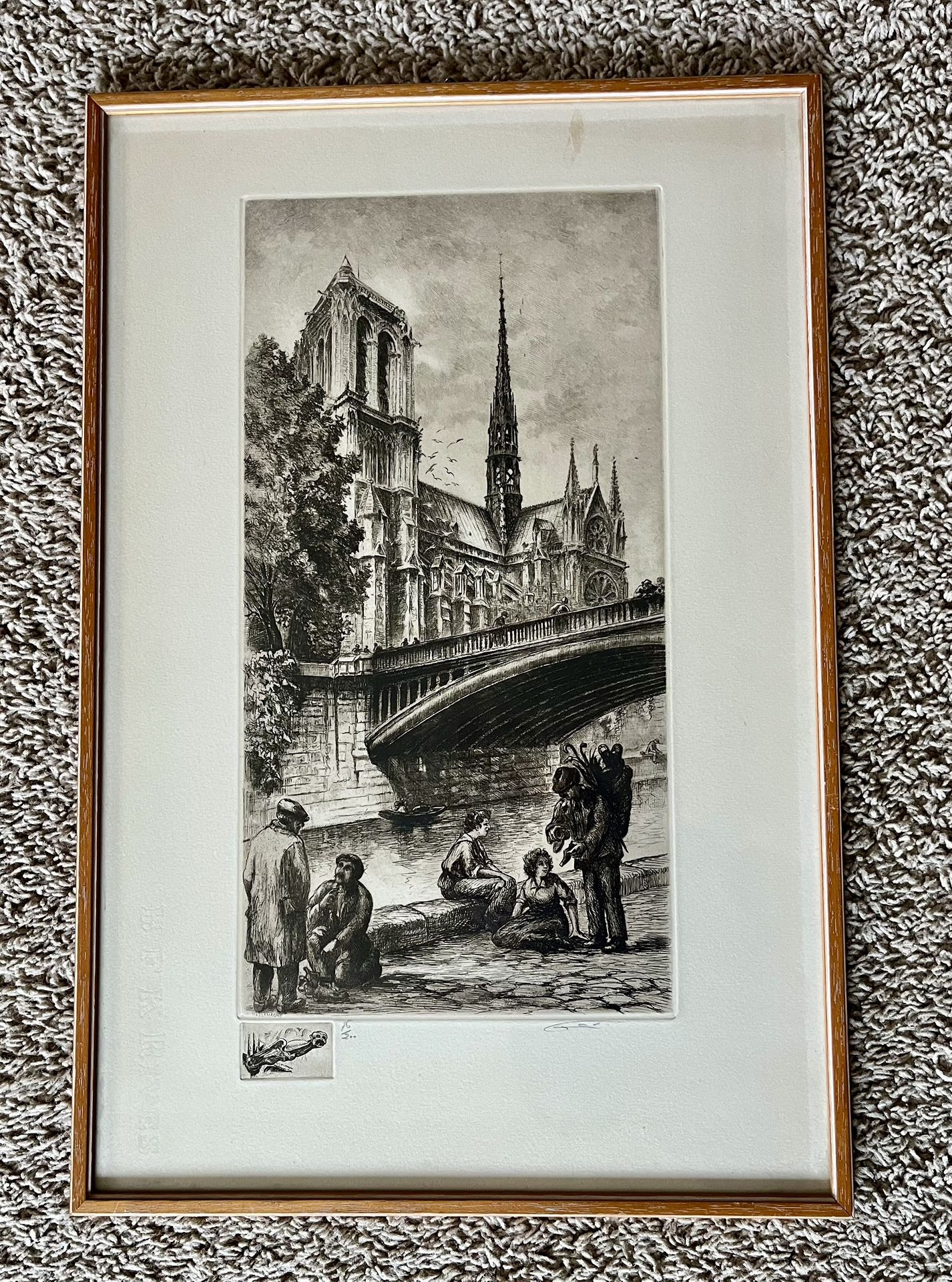 Rare Aime Dallamagne Signed Etching of Notre Dame
