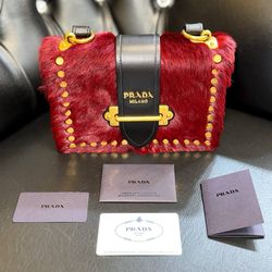 PRADA Cahier hair city pony-style calfskin faux fur crossbody bag granato black