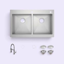Glacier Bay Professional Zero Radius 33 in. Drop-In 50/50 Double Bowl 16 Gauge Stainless Steel Kitchen Sink with Spring Neck Faucet