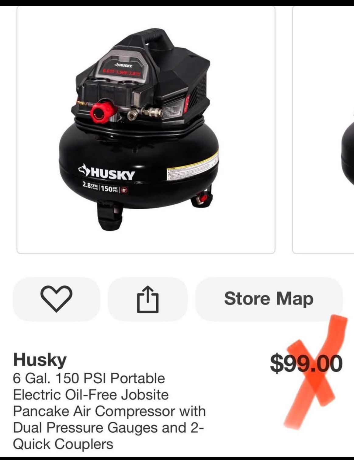 Husky 6 Gal. 150 PSI Portable Electric Oil-Free Jobsite Pancake Air Compressor with Dual Pressure Gauges and 2- Quick Couplers