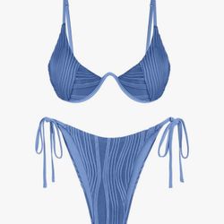 ZAFUL Women's Textured Underwire Bikini Set V Notch High Cut Swimwear Tie Side Ribbed Sexy Swimsuits- XL