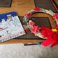 Wood Wreath Decorated And Snowman Sign