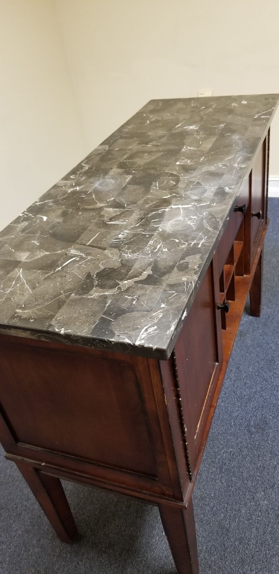 Nice side wood table with marble stone top for dining area or kitchen with wine rack