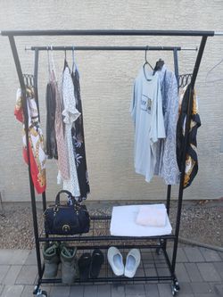 Rolling double clothes rack garment rack with shelves and wheels