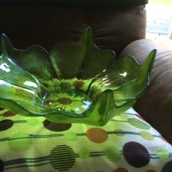 Antique Unique Large Green Glass Pedal Bowl
