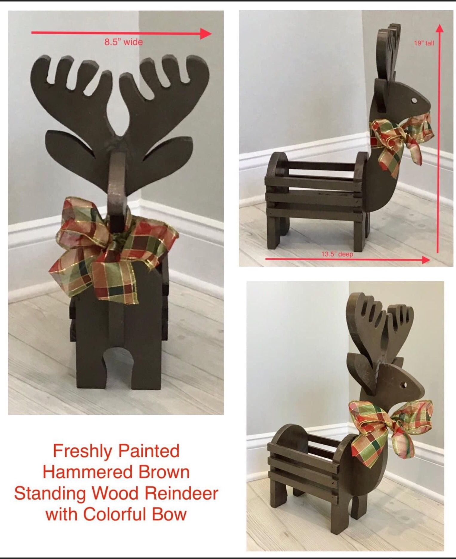 Freshly Painted Hammered Brown Standing Wood Reindeer with Colorful Bow